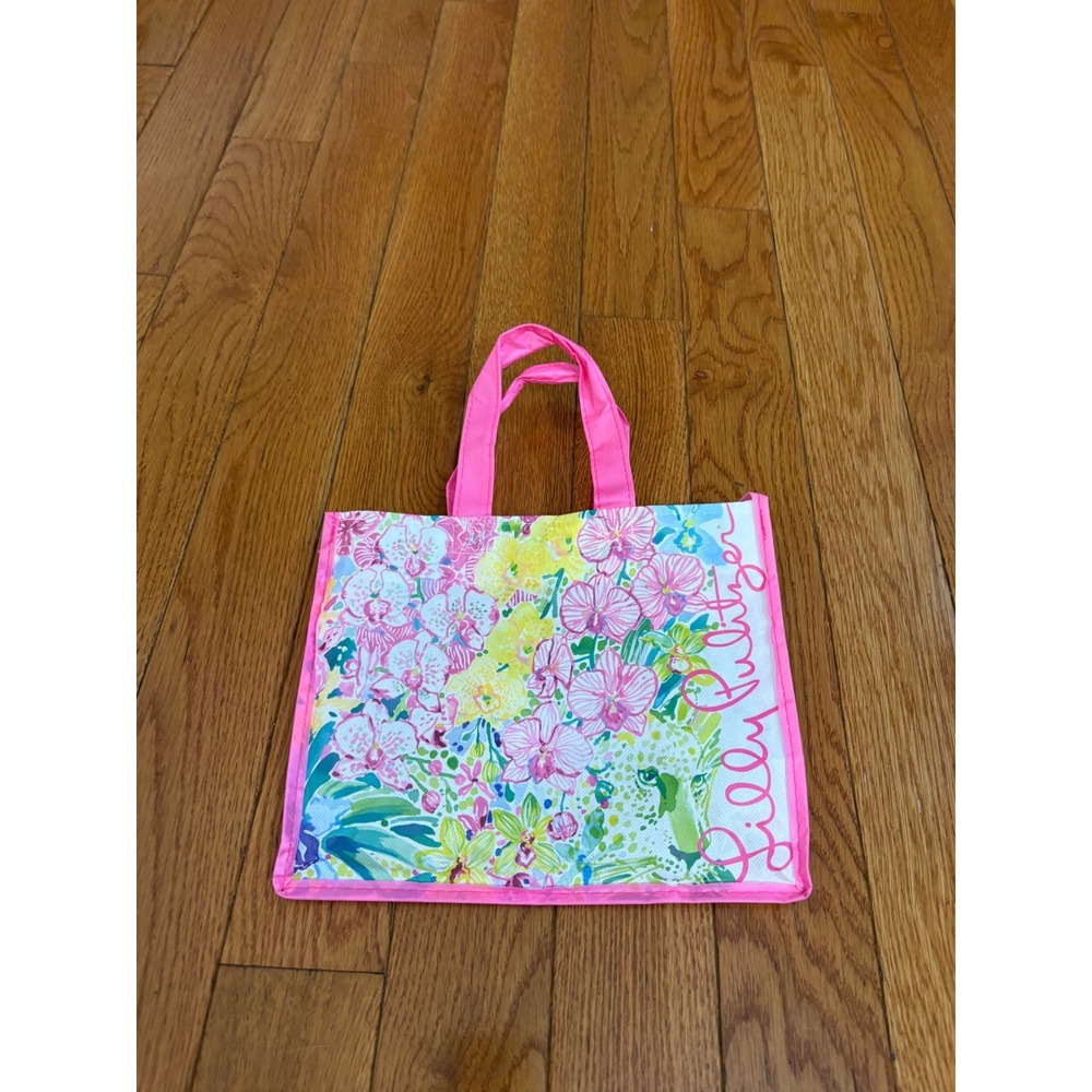 Lilly Pulitzer Reusable Shopping Tote Bag Pink Floral Tiger Print Small 12x10x5 - Picture 1 of 8